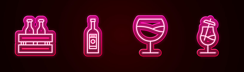 Set line Pack of beer bottles, Glass vodka, Wine glass and Cocktail. Glowing neon icon. Vector