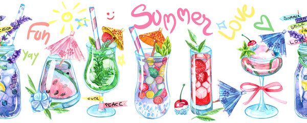 A colorful seamless pattern with drinks, cocktails, lemonades, flowers, flamingos, palms, cocktail umbrellas, leaves and flowers. Bright summer background.