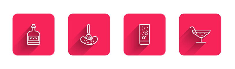 Set line Alcohol drink Rum bottle, Pickled cucumber on a fork, Effervescent tablets water and Cocktail with long shadow. Red square button. Vector