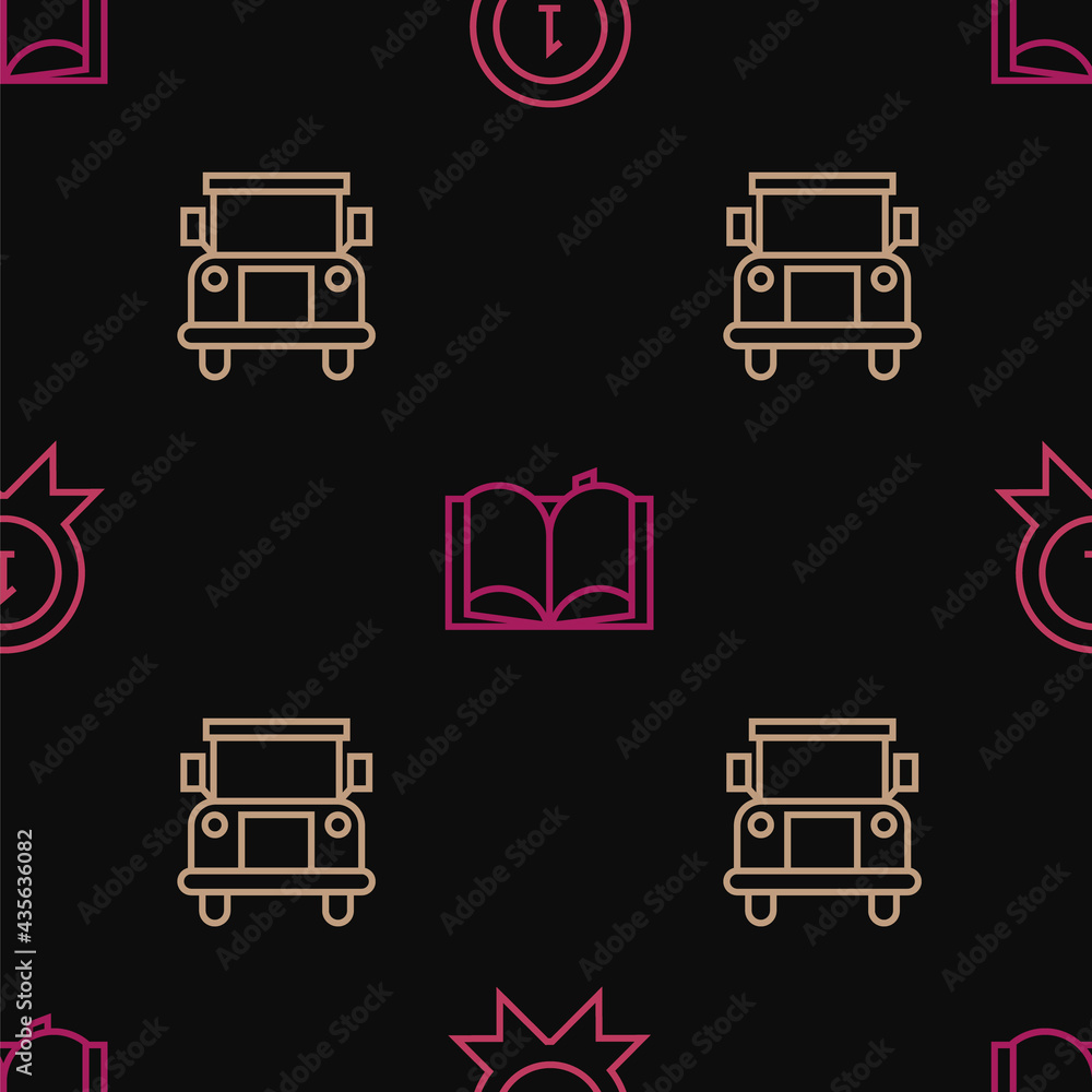 Poster set line medal, school bus and open book on seamless pattern. vector