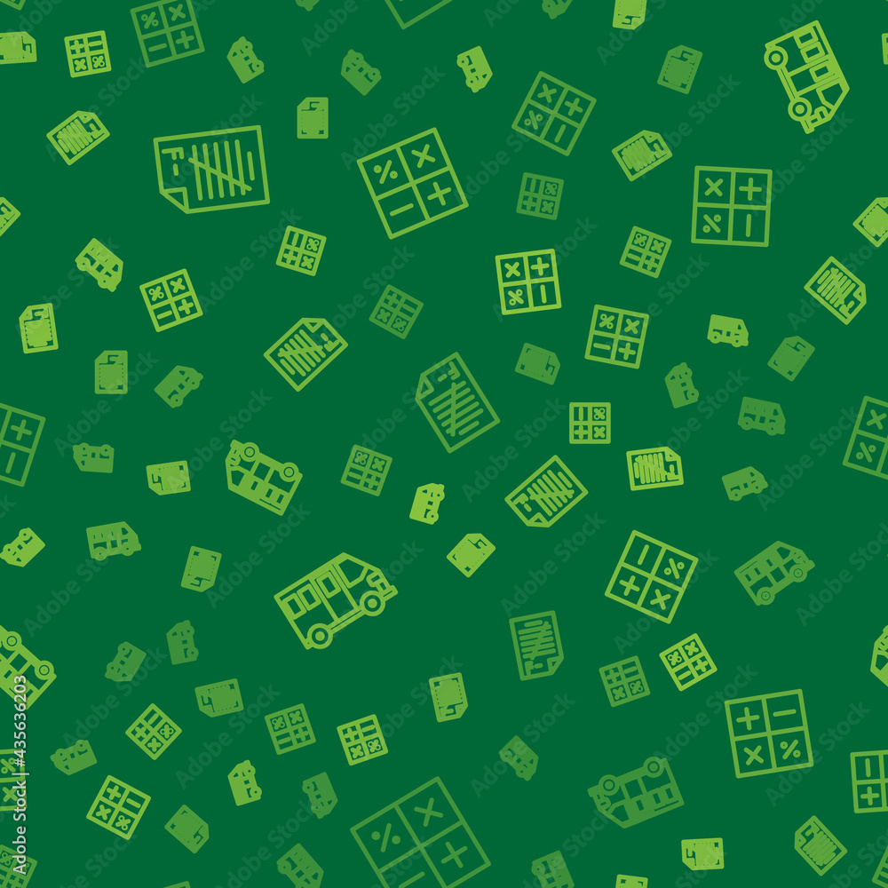 Aufkleber set line exam paper with incorrect answers, school bus and calculator on seamless pattern. vector