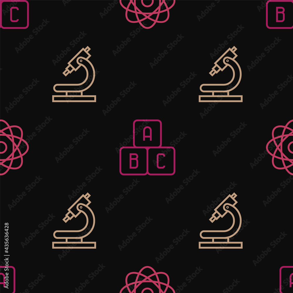 Poster set line atom, microscope and abc blocks on seamless pattern. vector