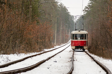 rushing tram through the winter forest