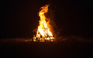 Big beautiful bonfire in the night forest in the holiday bath. Tourism and recreation in the forest...