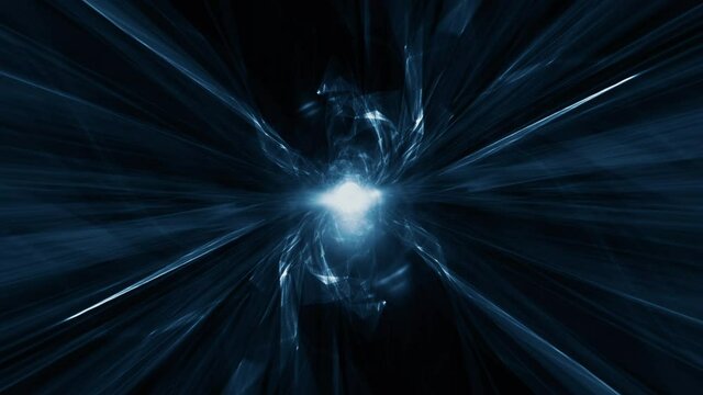 4K 3D dark blue plasma energy tunnel. Sci-Fi Flying in Tunnel of Light. Fly Through Wormhole or Time Vortex Portal or Gateway. Blue shine rays explosion futuristic tunnel background. Energy science.