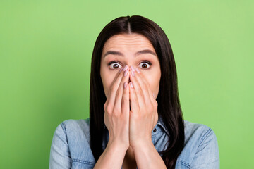 Photo of scared cute brown hairdo lady close face wear jeans shirt isolated on pastel green color background