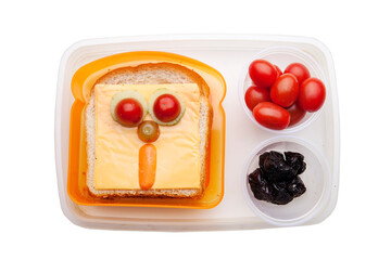 School lunch box snacks for kids over white background. Back to school. Healthy and fun snacks option for parents. Cute food art creative concepts. Bows with fruits and vegetables and cute sandwich.