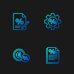 Set line Finance document, Money coin with percent, and Gear. Gradient color icons. Vector
