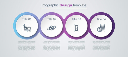 Set line Finance document and lock, Discount percent tag, Old hourglass and Coin money with dollar. Business infographic template. Vector