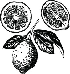 Lemon on a branch with leaves and lemon in a cut, vector