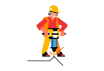 Fototapeta premium Worker working with a jackhammer. Male builder and electric jackhammer, power tool, road works, repair. Vector illustration isolated on white background