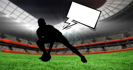 Animation of silhouette of rugby player and speech bubble with copy space over sports stadium - Powered by Adobe