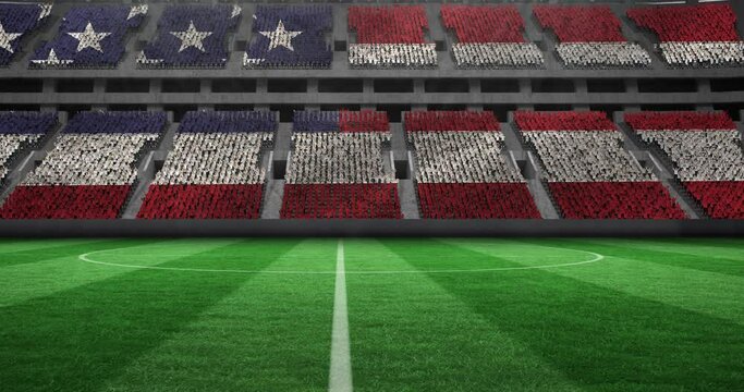 Animation of american flag on empty football pitch in sports stadium