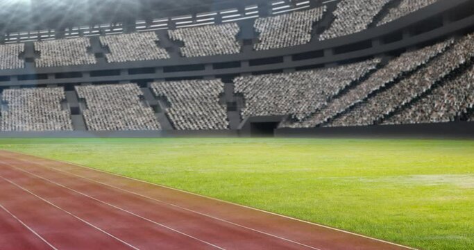 Animation of empty stands with football pitch in sports stadium