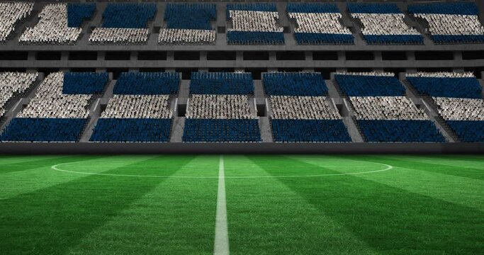 Animation of blue and white stands on empty football pitch in sports stadium