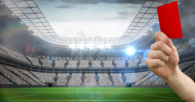 Animation of referee holding red card on pitch in sports stadium