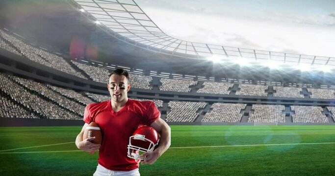 Animation of american football player holding ball and helmet over sports stadium