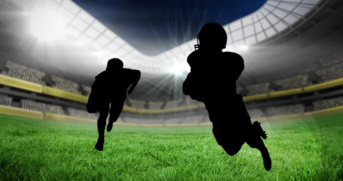 Animation of silhouettes of american football players over sports stadium