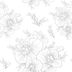 seamless vector wallpaper of tropical orchid flowers. hand-drawn patterns in a realistic style, close-up. modern art design for paper, wallpaper, printing. vintage style.