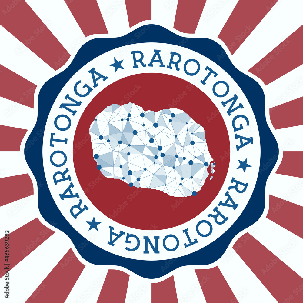 Aufkleber rarotonga badge. round logo of the island with a triangular mesh map and radial rays. eps10 vector.
