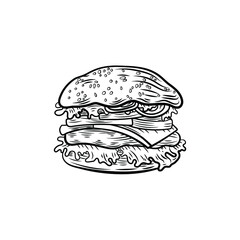 Vector retro style burger illustration, black outline borger isolated on white background.
