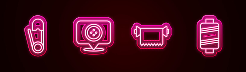 Set line Safety pin, Location tailor shop, Textile fabric roll and Sewing thread. Glowing neon icon. Vector