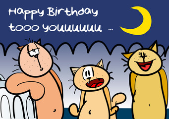 Glückwunschkarte Happy Birthday to you als Cartoon mit Katzen