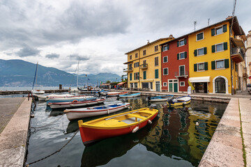 Port of the small village of Castelletto di Brenzone, tourist resort on the coast of Lake Garda (Lago di Garda). Brenzone sul Garda municipality, Verona province, Veneto, Italy, southern Europe.