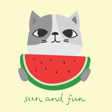 Hello summer. White cat holding watermelon. Cute cartoon character. Greeting card in the flat vector design.