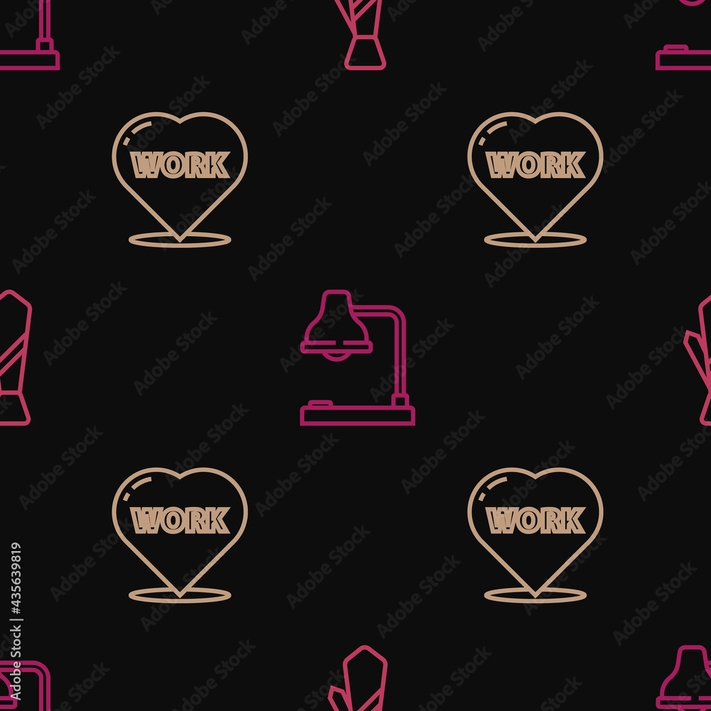 Poster set line tie, heart with text work and table lamp on seamless pattern. vector
