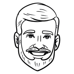 comic avatar of a laughing man with a full beard. monochrome, outline, vector.