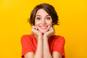 Portrait of gorgeous person arms on cheeks beaming smile wear orange isolated on yellow color background