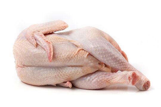 Raw chicken carcass isolated on a white background. Close-up