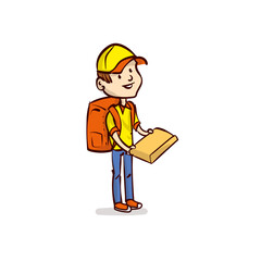 Courier. Deliveryman. A young guy with a backpack holds a box. Work for a teenager. Teenager work on vacation. Hand drawn cartoon vector.