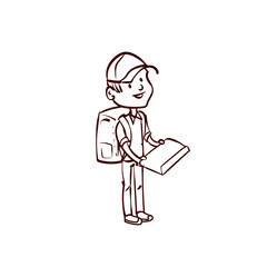 Courier. Deliveryman. A young guy with a backpack holds a box. Work for a teenager. Teenager work on vacation. Hand drawn cartoon vector.