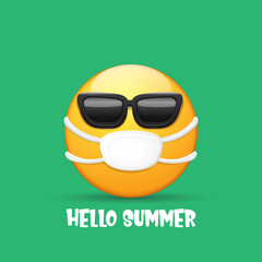 Hello summer concept with yellow Emoji sticker with mouth medical protection mask and sunglasses isolated on green background. hello summer emoji icon . Vector summer character
