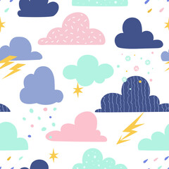 Seamless celestial pattern with different clouds and precipitation. Great for fabric, textile. Vector Illustration