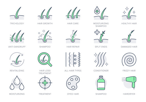 Hair cosmetic line icons. Vector illustration include icon - skincare, frizzy, repair, revitalizing, scalp, dandruff, follicle outline pictogram for trichology. Green Color, Editable Stroke