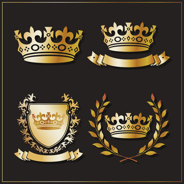 Gold Crown. Different types and backgrounds with golden crowns. Coat of arms with a golden crown