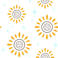 Seamless boho pattern with stylized sunflowers. Perfect for fabric, textile, nursery wallpaper
