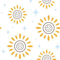 Seamless boho pattern with stylized sunflowers. Perfect for fabric, textile, nursery wallpaper