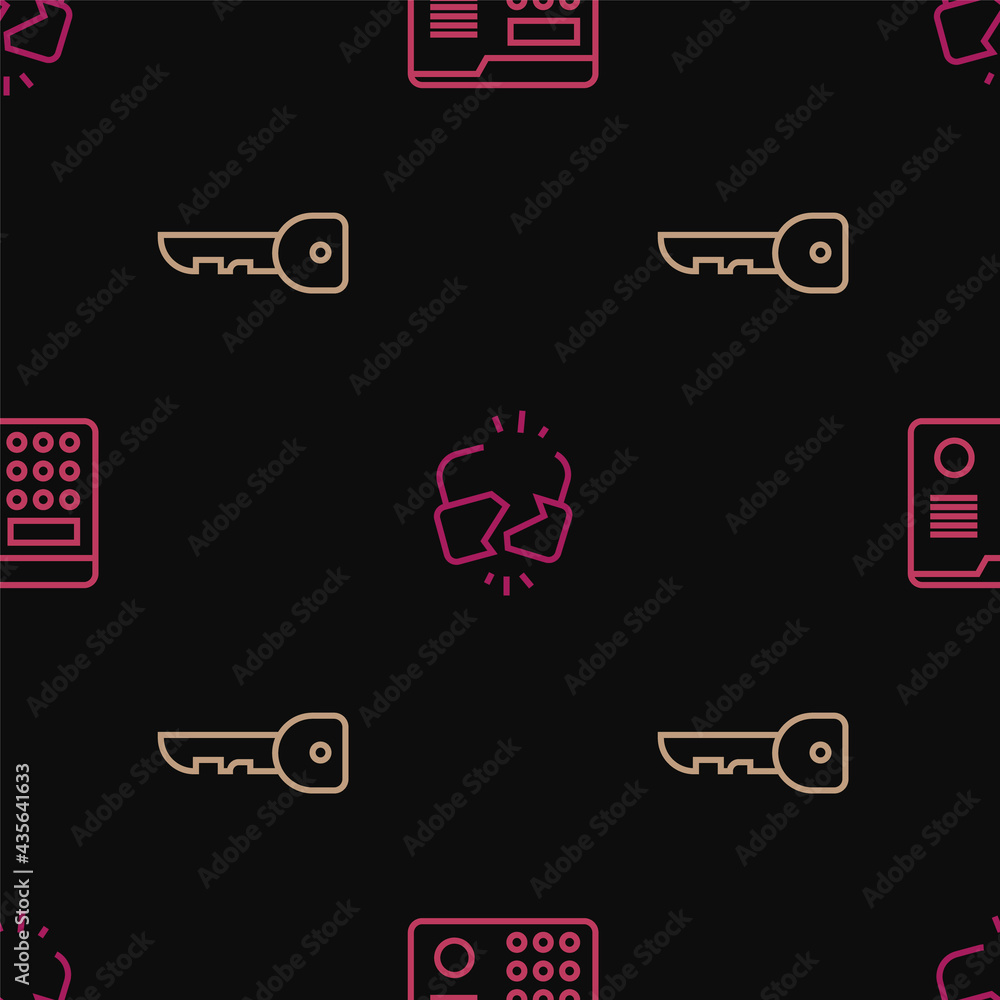 Poster set line house intercom system, key and broken or cracked lock on seamless pattern. vector