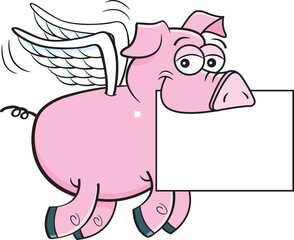 Cartoon illustration of a happy pig with wings flying while holding a sign.