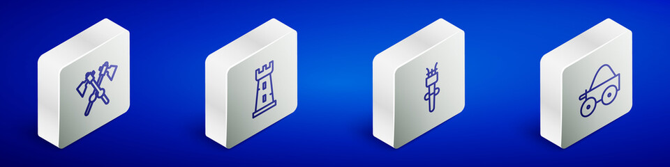 Set Isometric line Crossed medieval axes, Castle tower, Torch flame and Wooden four-wheel cart icon. Vector