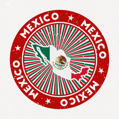 Mexico round stamp. Logo of country with flag. Vintage badge with circular text and stars, vector illustration.