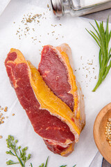 fresh raw piece of beef meat, striploin steak Marbled piece of meat Australia Grade A 
