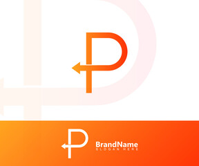 the letter logo P  with a backward arrow element that indicates the direction of backward. orange texture. modern templates. for company and graphic design. vector illustration
