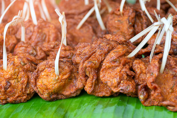 Fish Cake, thai food local on banana leaf