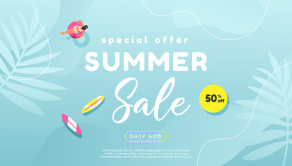 Creative summer sale banner in trendy bright colors with tropical leaves and discount text. Season promotion gradient illustration. - obrazy, fototapety, plakaty
