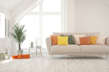 Obraz premium Soft color living room with sofa. Scandinavian interior design. 3D illustration